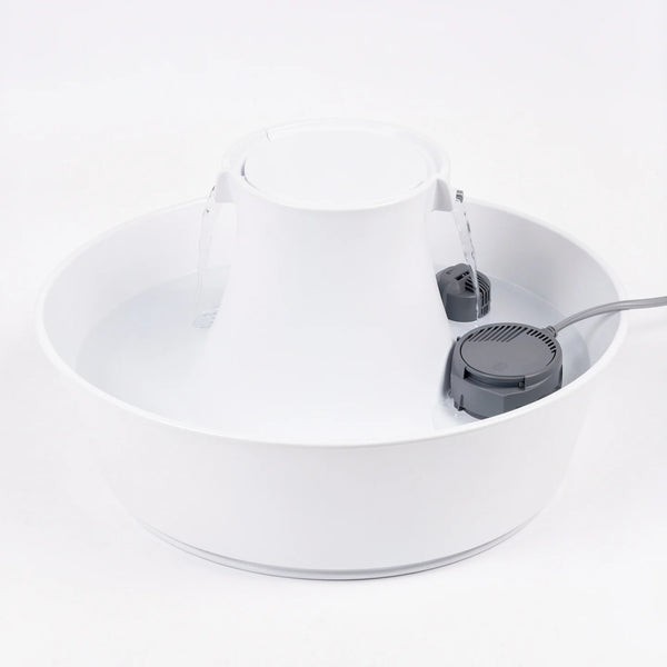 Automatic pet water fountain filled and running