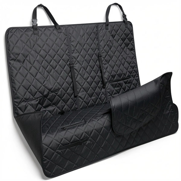 Waterproof pet car seat cover fitted to a rear seat