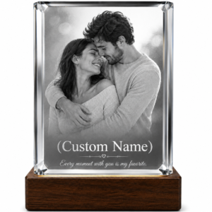 Personalized Crystal Photo Plaque with Wooden LED Base – Custom Engraved Glass Keepsake Gift