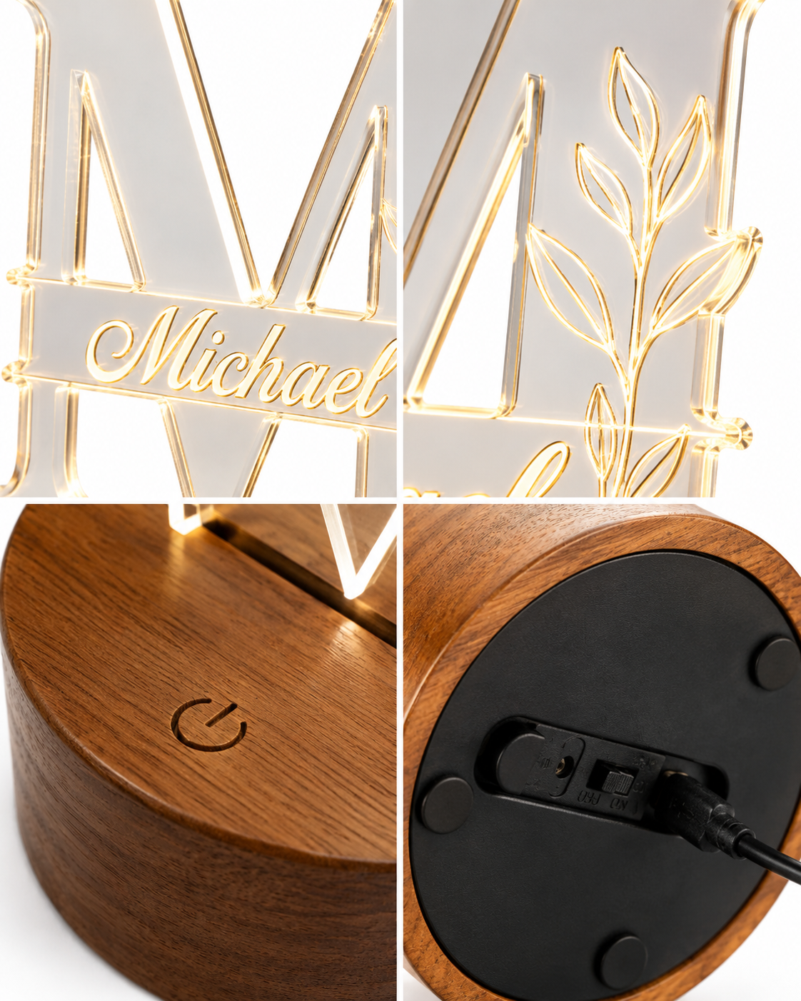 Personalized Acrylic Initial LED Night Light – Custom Monogram Name Lamp with Wooden Base - Image 2
