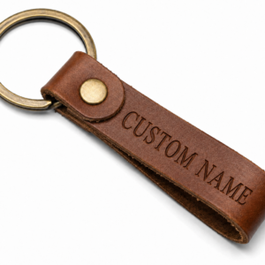 Personalized Engraved Leather Keychain – Custom Name Brown Leather Key Ring Gift