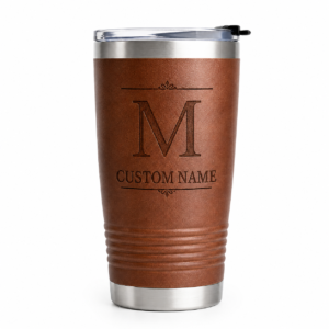 Personalized Engraved Leather Travel Tumbler – Custom Monogram Stainless Steel Insulated Coffee Cup