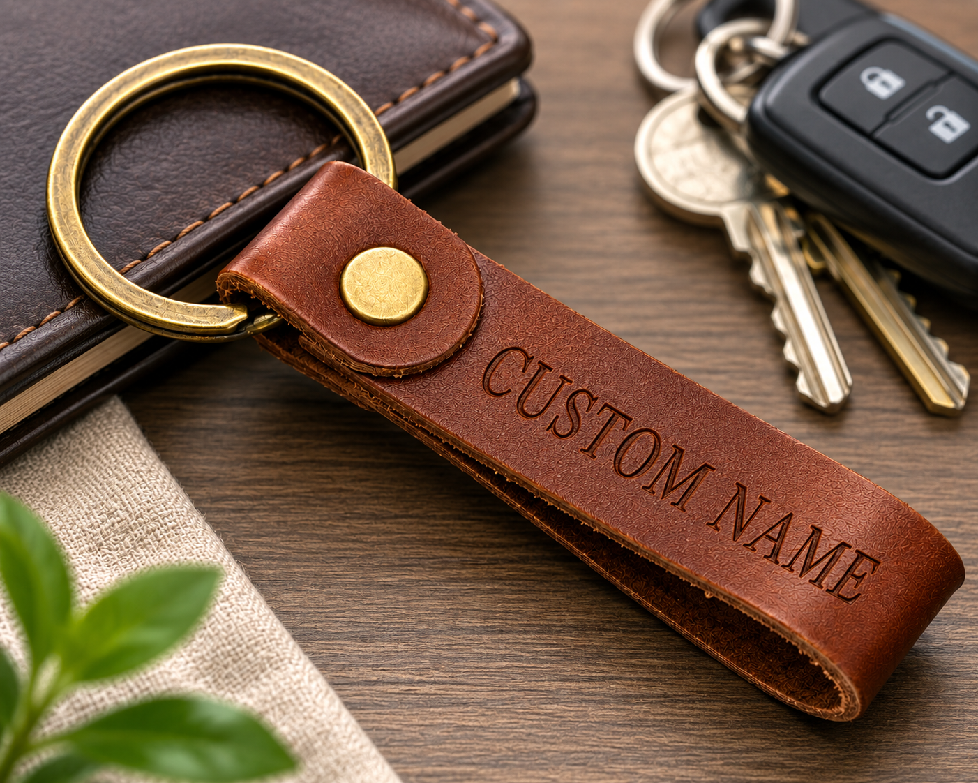 Personalized Engraved Leather Keychain – Custom Name Brown Leather Key Ring Gift - Image 3
