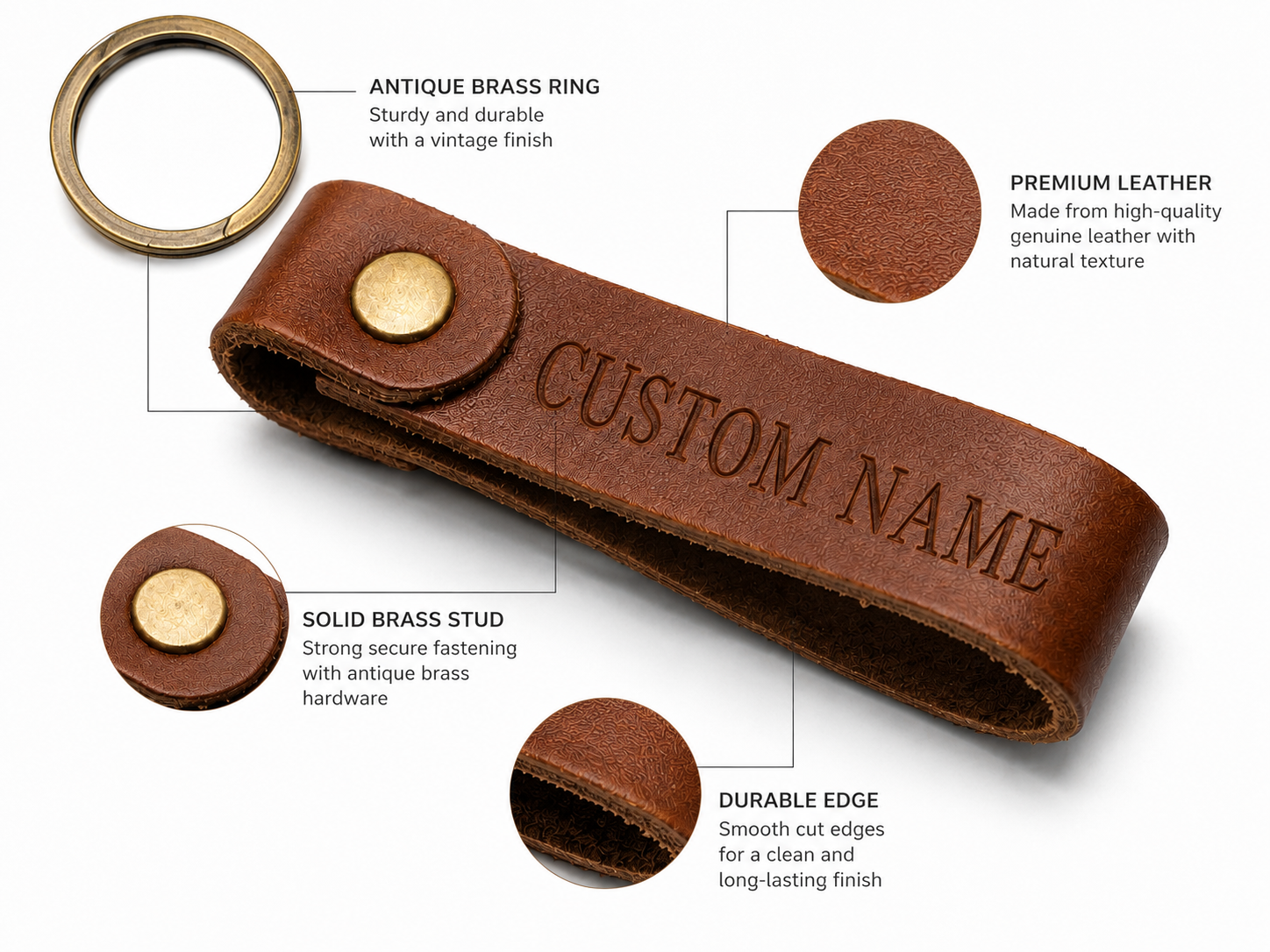 Personalized Engraved Leather Keychain – Custom Name Brown Leather Key Ring Gift - Image 2