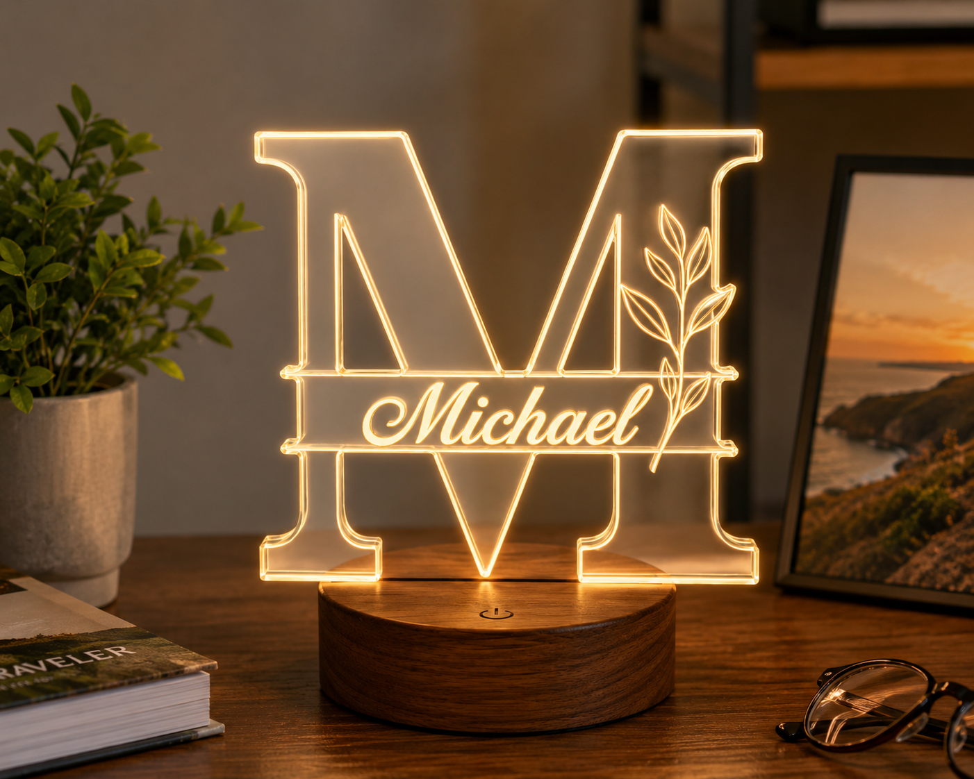 Personalized Acrylic Initial LED Night Light – Custom Monogram Name Lamp with Wooden Base - Image 3