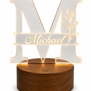 Personalized Acrylic Initial LED Night Light – Custom Monogram Name Lamp with Wooden Base